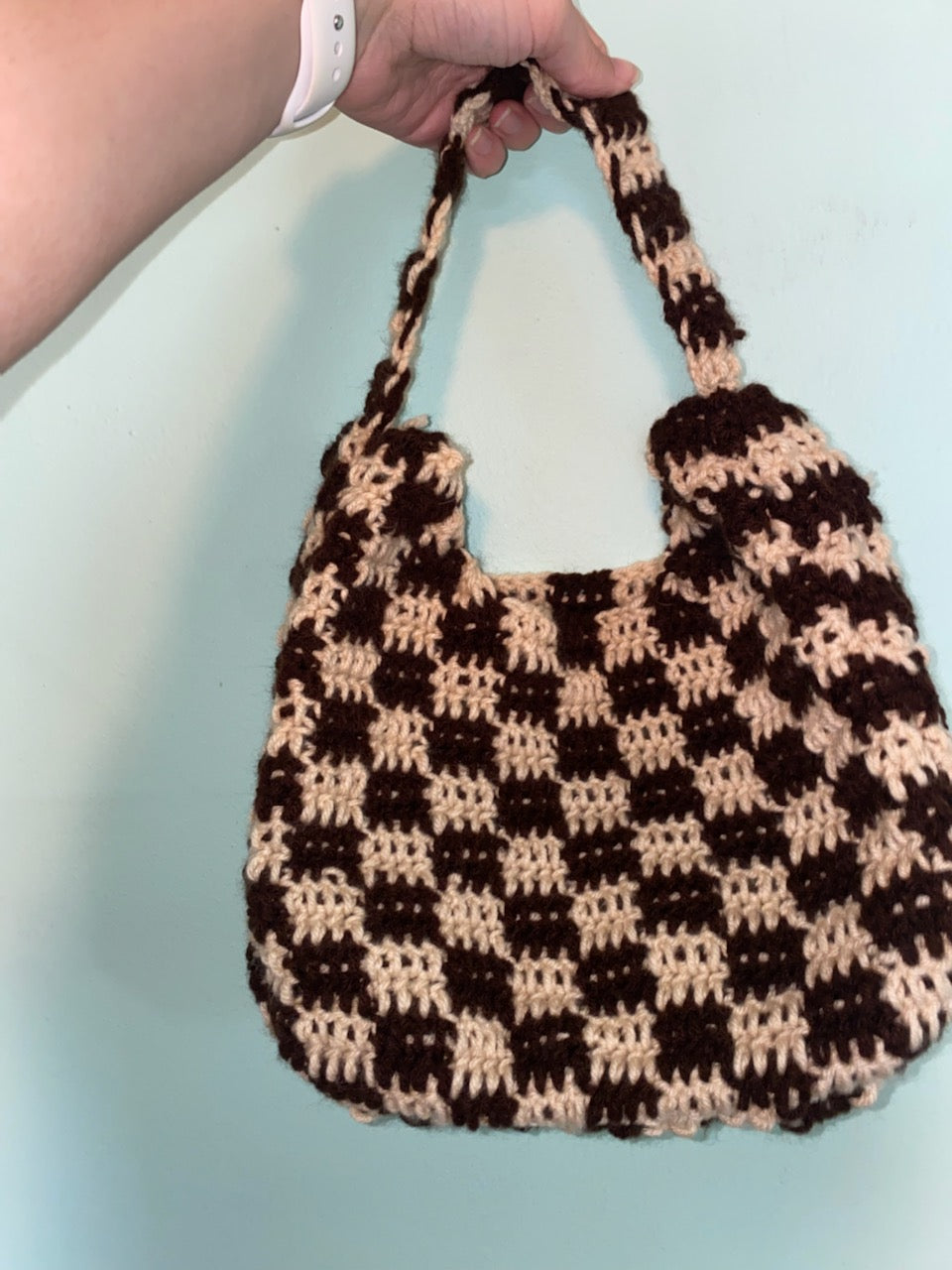 Checkered Crochet Tote Bag Large